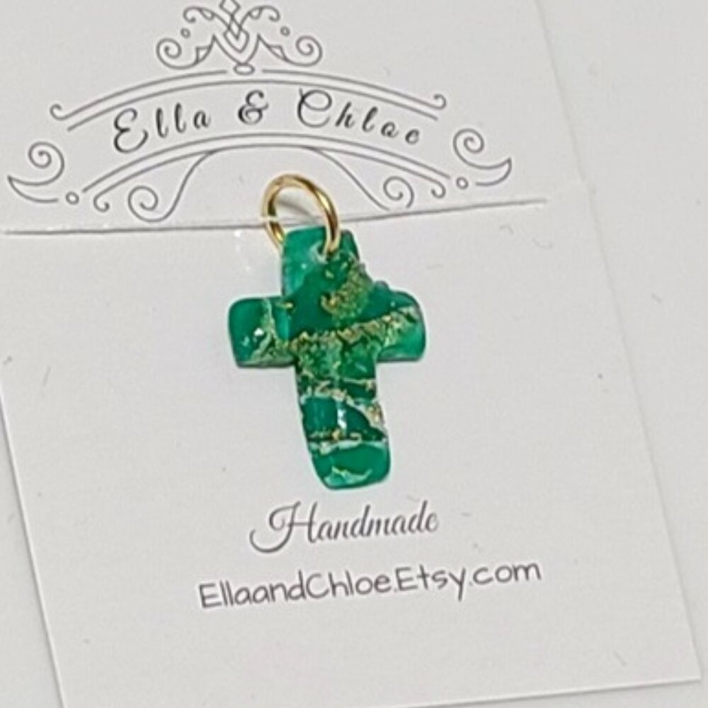 Handcrafted Chunky Emerald Green Gold Gemstone Agate Inspired Cross Pendant